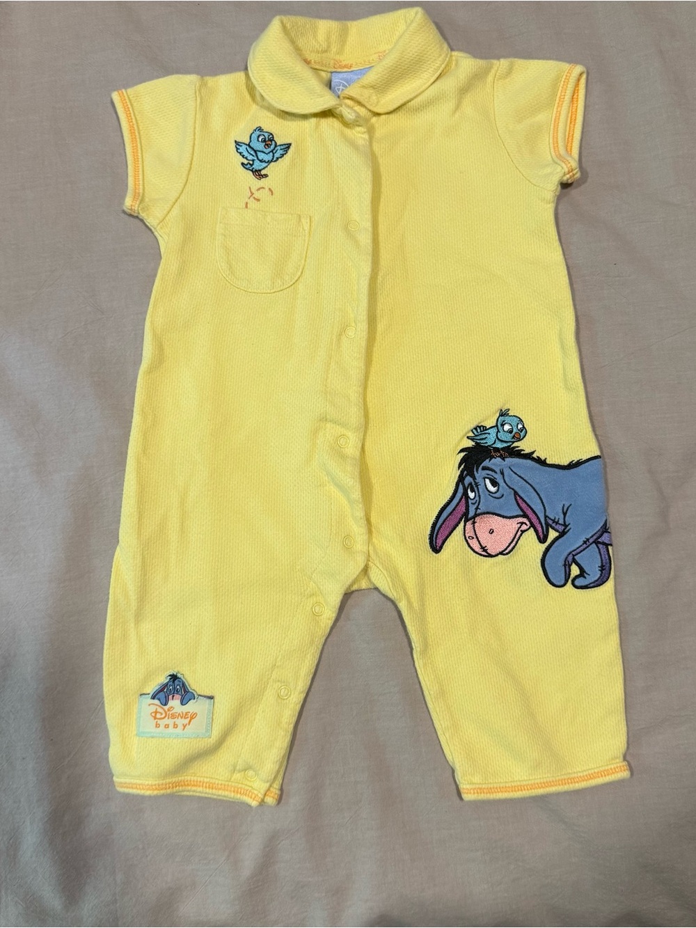 Vintage Disney Eeyore Short Sleeve One-Piece Romper Yellow Unisex 6 Months Cotto